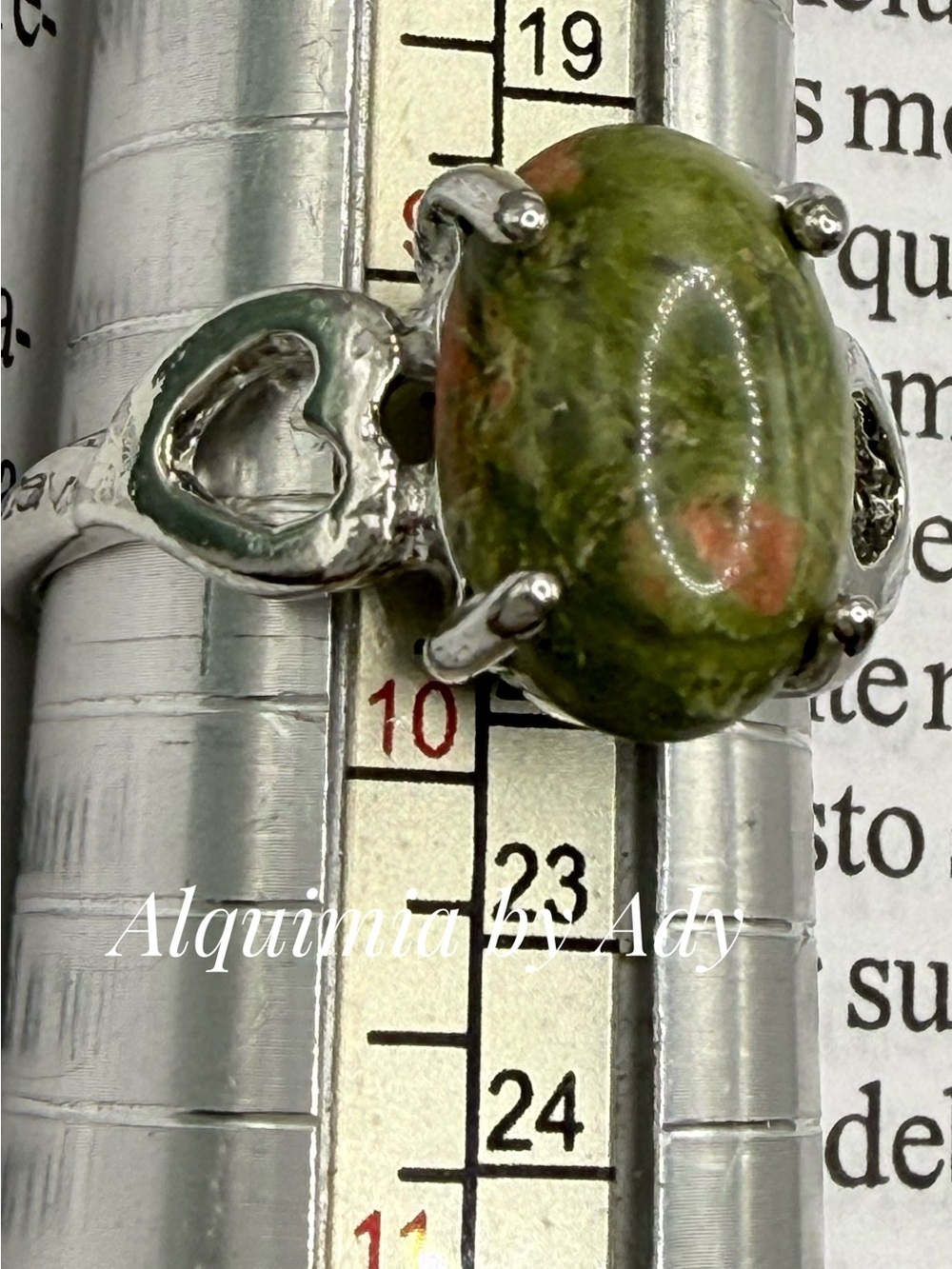 Olive Green unakite Oval Stone Ring in Silver Vine Setting